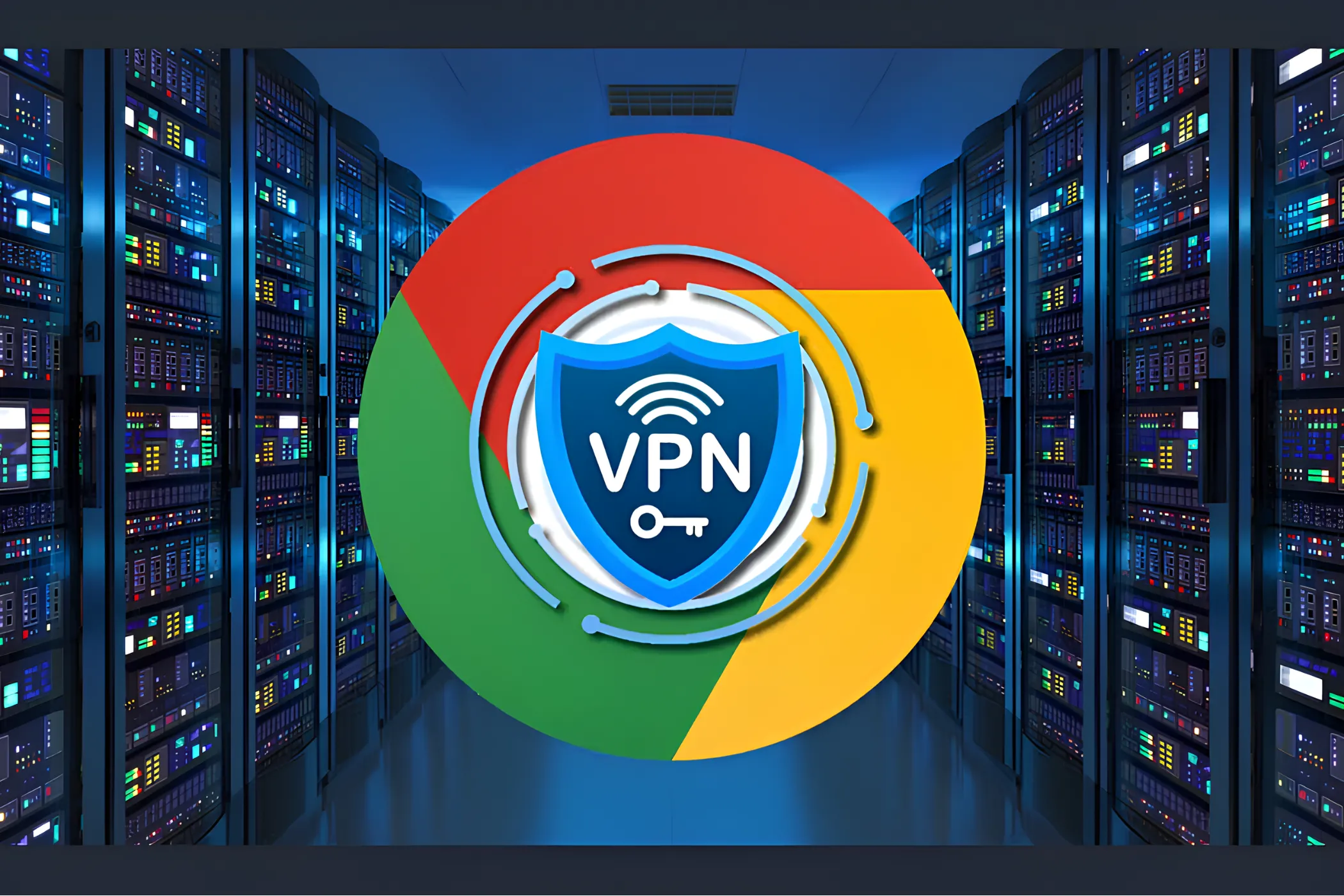 Logo trình duyệt Google Chrome với biểu tượng VPN trên nền phòng máy chủ, thể hiện tầm quan trọng của việc sử dụng VPN để bảo mật thông tin khi duyệt web và mua sắm online