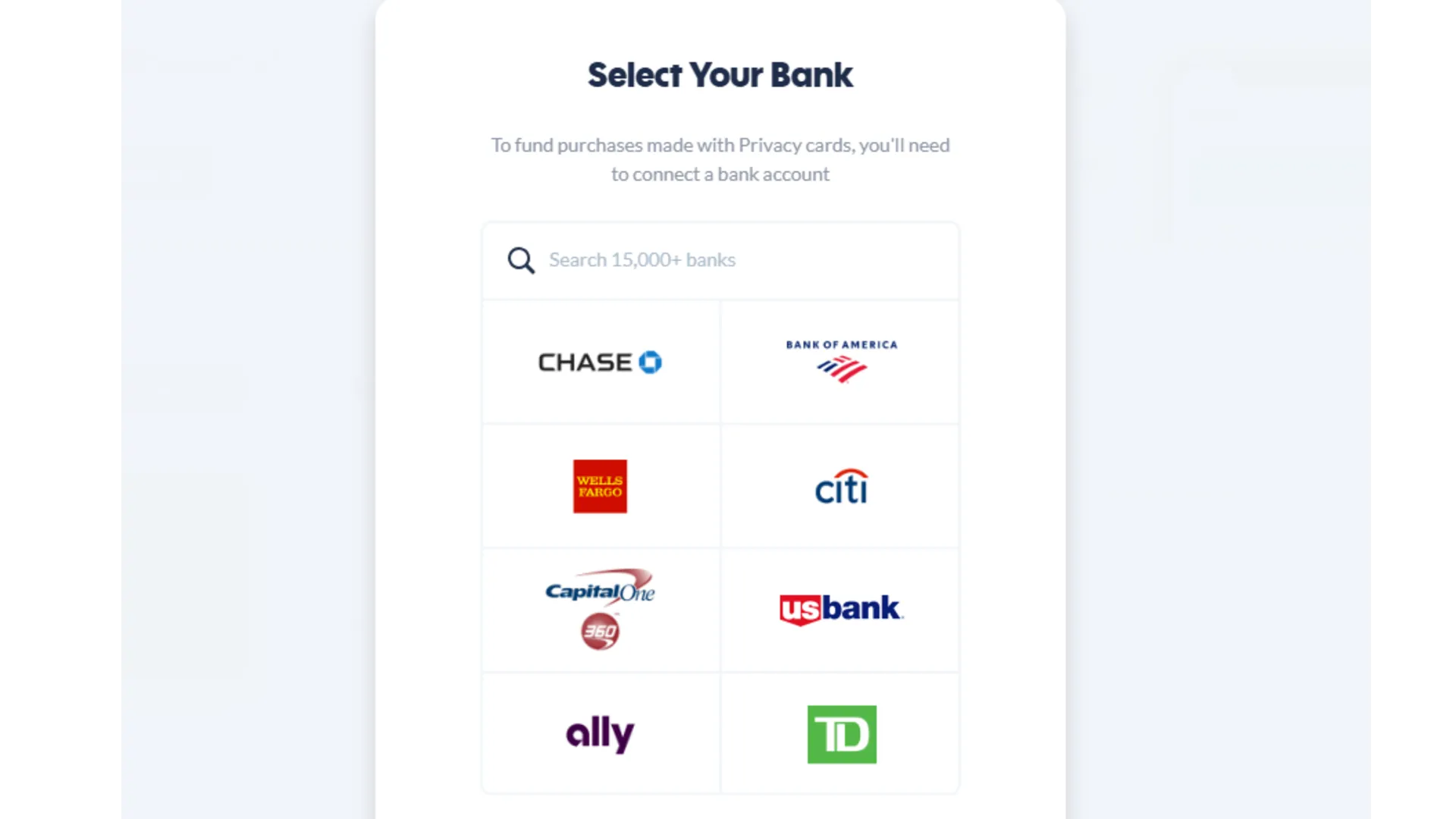 Lựa chọn tài khoản ngân hàng để liên kết và tạo số thẻ tín dụng ảo mới trên Privacy.com, với tùy chọn cài đặt giới hạn chi tiêu.