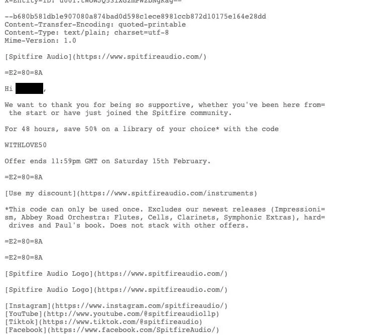 Mã HTML sạch của một email hợp lệ được hiển thị trong chế độ xem mã nguồn (Source View) của Gmail