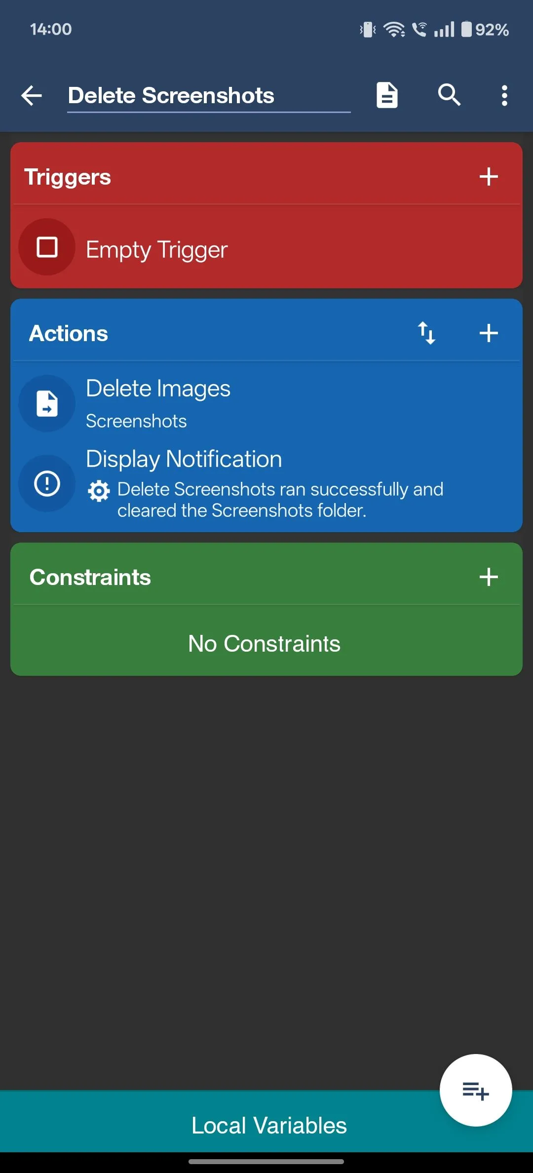 Macro MacroDroid đã hoàn thiện với các hành động Delete Images và Display Notification đã được cấu hình.