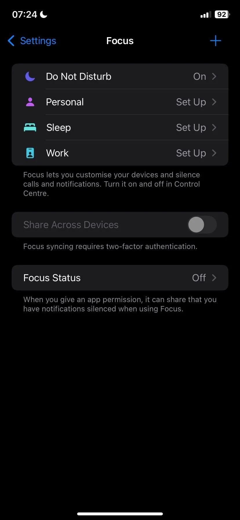 Màn hình các Chế độ Tập trung trên iPhone: Không làm phiền, Cá nhân, Ngủ, Làm việc
