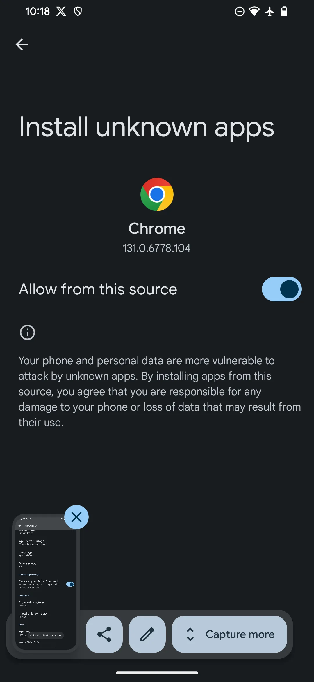 Màn hình cài đặt Android hiển thị tùy chọn cho phép cài đặt ứng dụng từ các nguồn không xác định, cụ thể là trình duyệt Chrome.