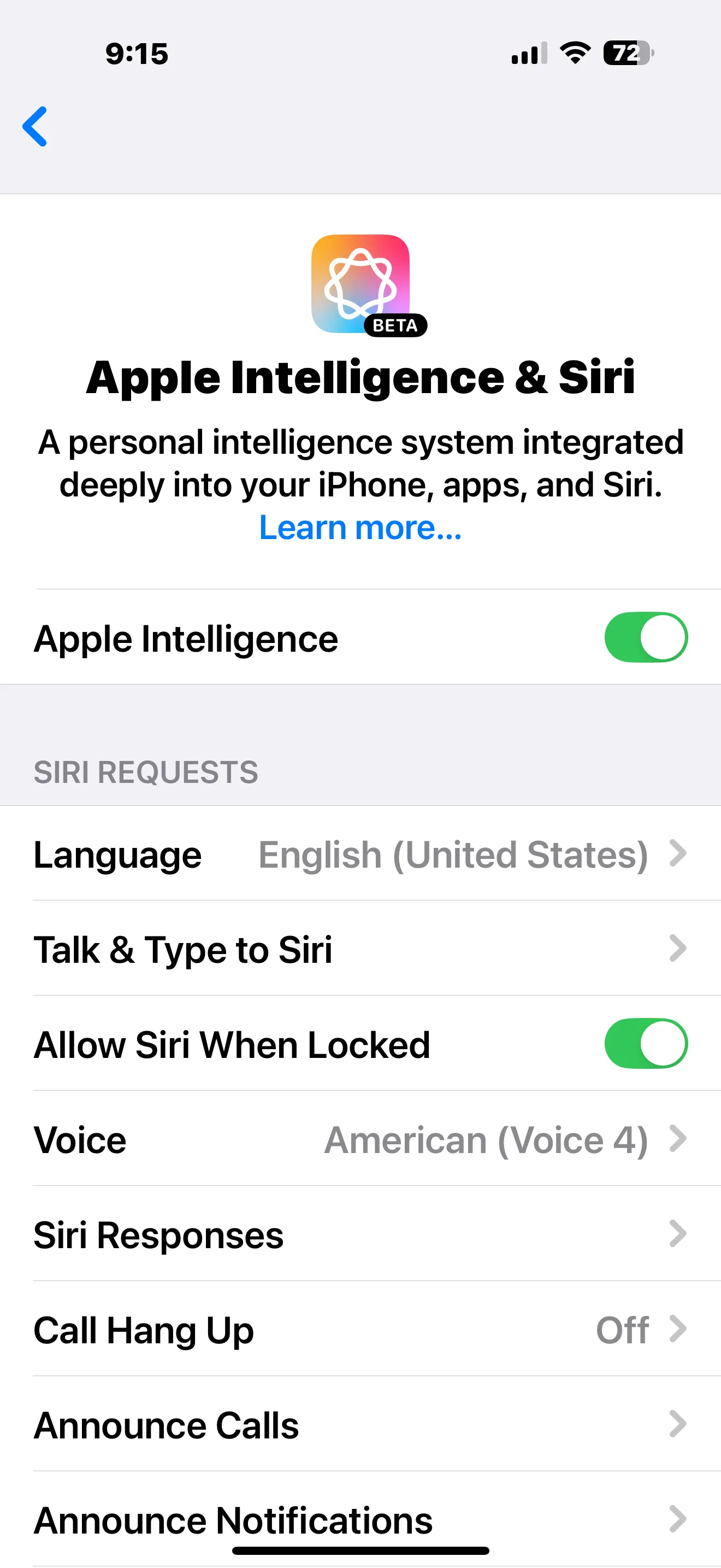Màn hình cài đặt Apple Intelligence và Siri trên iPhone, minh họa cách tắt toàn bộ các tính năng AI