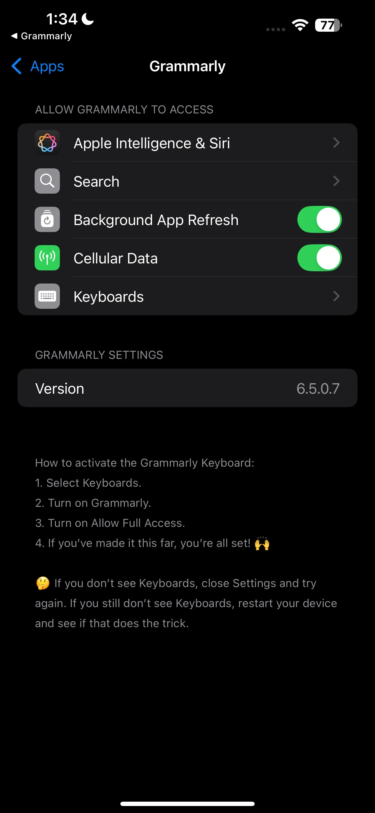 Màn hình cài đặt bàn phím Grammarly trên iPhone, hướng dẫn bật tính năng chỉnh sửa ngữ pháp và chính tả.