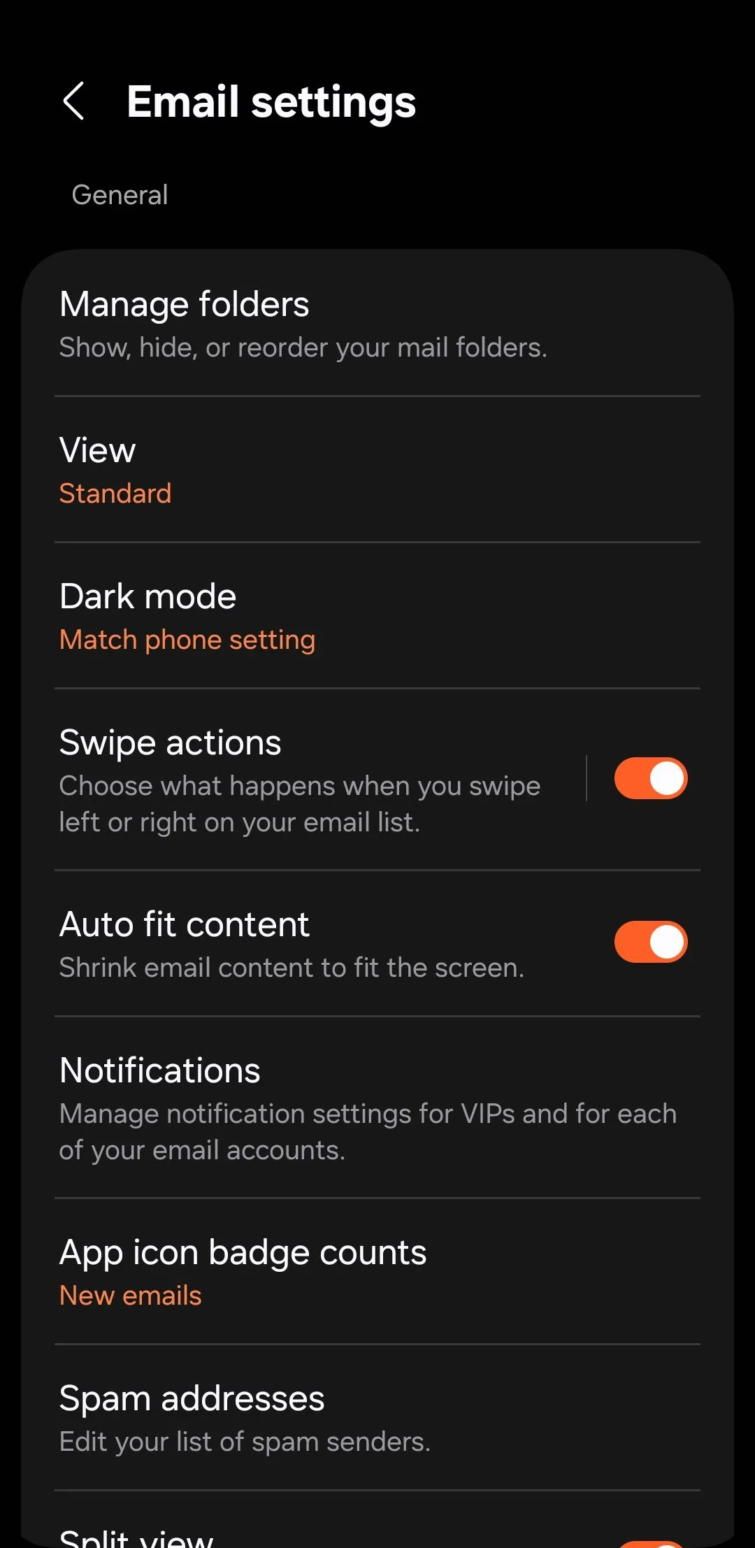 Màn hình cài đặt của ứng dụng Samsung Email trên điện thoại Galaxy