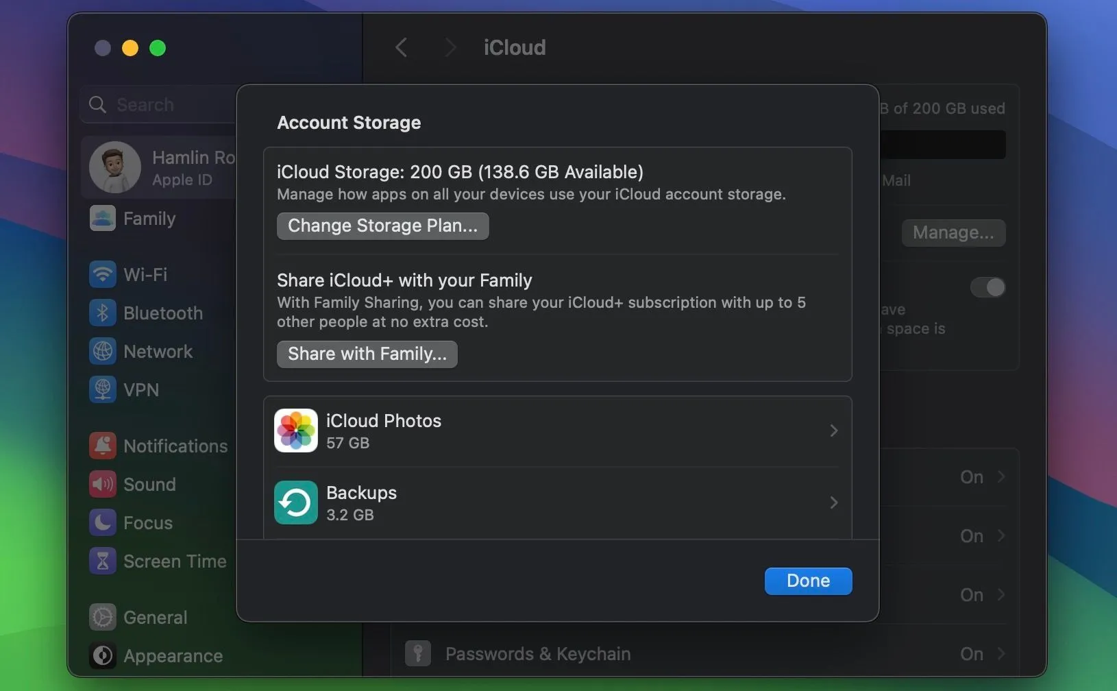 Màn hình cài đặt dung lượng iCloud trên macOS hiển thị mức sử dụng và các danh mục sao lưu