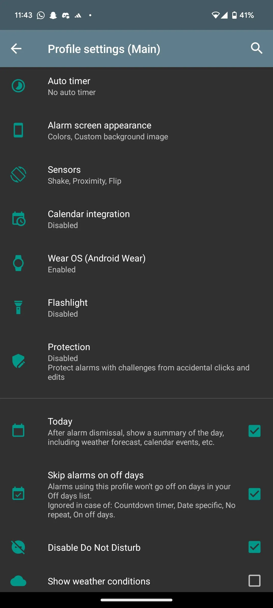Màn hình cài đặt hồ sơ báo thức đa dạng trong ứng dụng AMdroid cho Android
