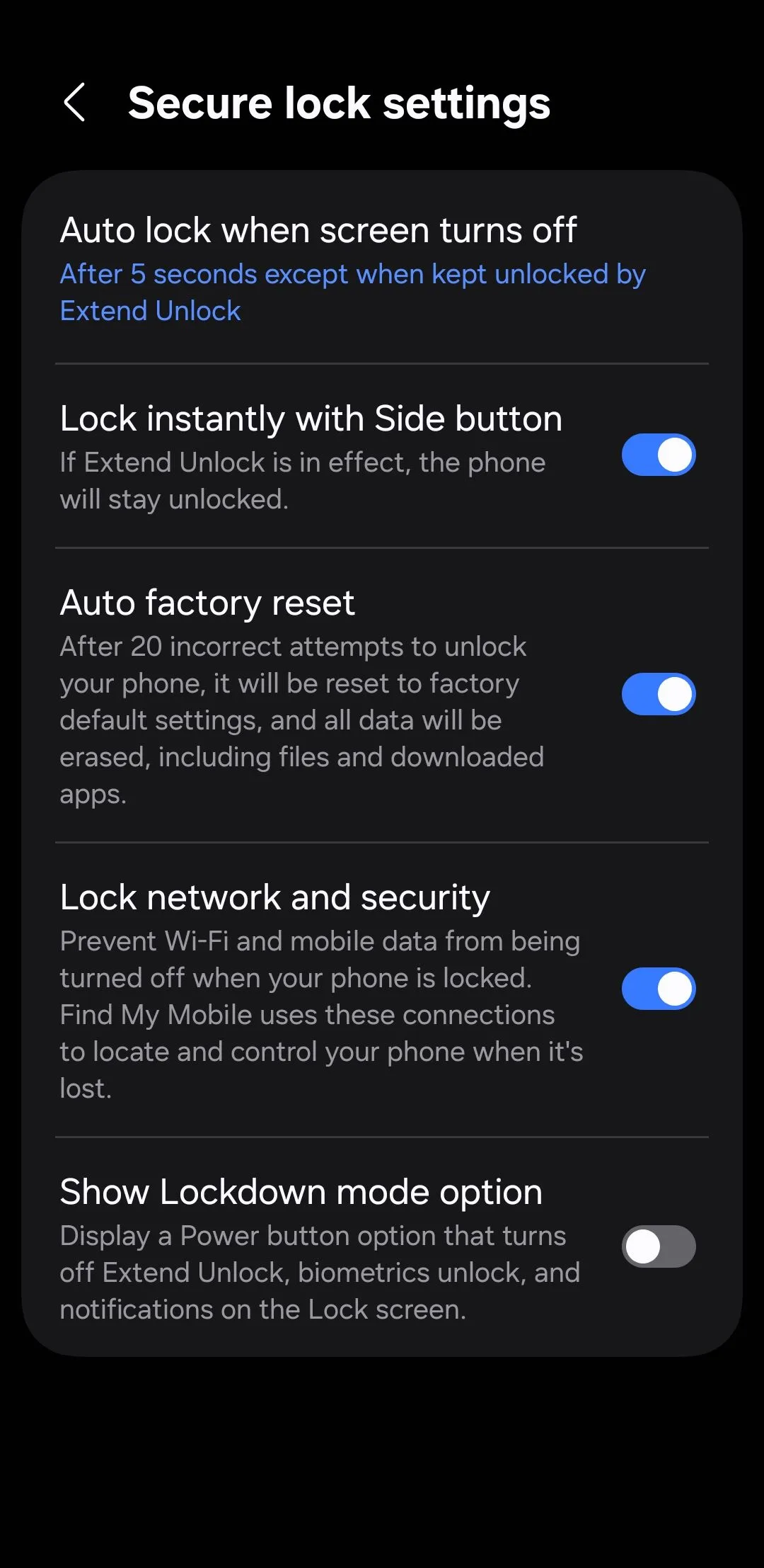 Màn hình cài đặt khóa bảo mật trên Android với tùy chọn khóa mạng và bảo mật
