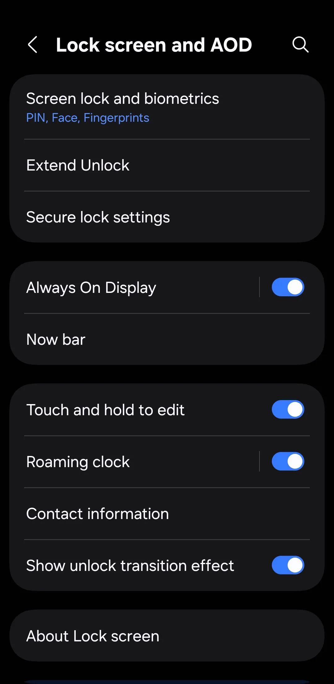 Màn hình cài đặt khóa màn hình và chế độ Luôn hiển thị (AOD) trên Android
