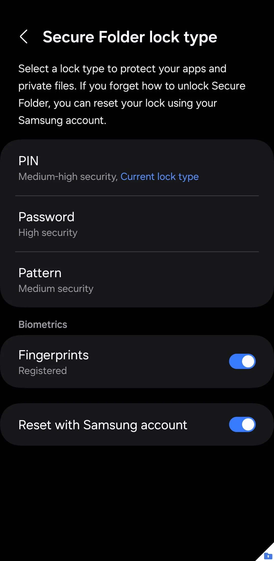 Màn hình cài đặt loại khóa Secure Folder cho phép bật vân tay trên Samsung Galaxy