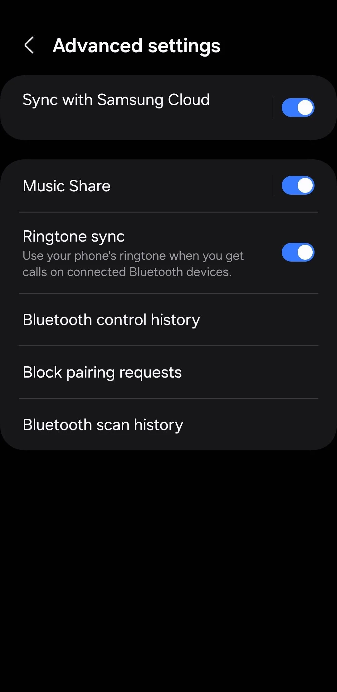 Màn hình Cài đặt nâng cao Bluetooth trên điện thoại Samsung, hiển thị tùy chọn Music Share