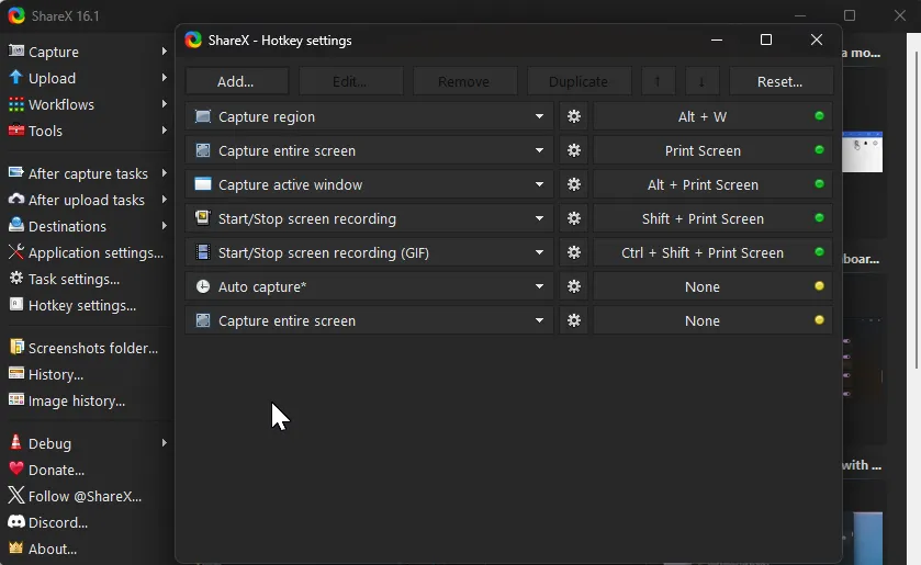 Màn hình cài đặt phím tắt (Hotkey settings) của ShareX trên Windows 11, cho phép tùy chỉnh các tổ hợp phím chụp màn hình