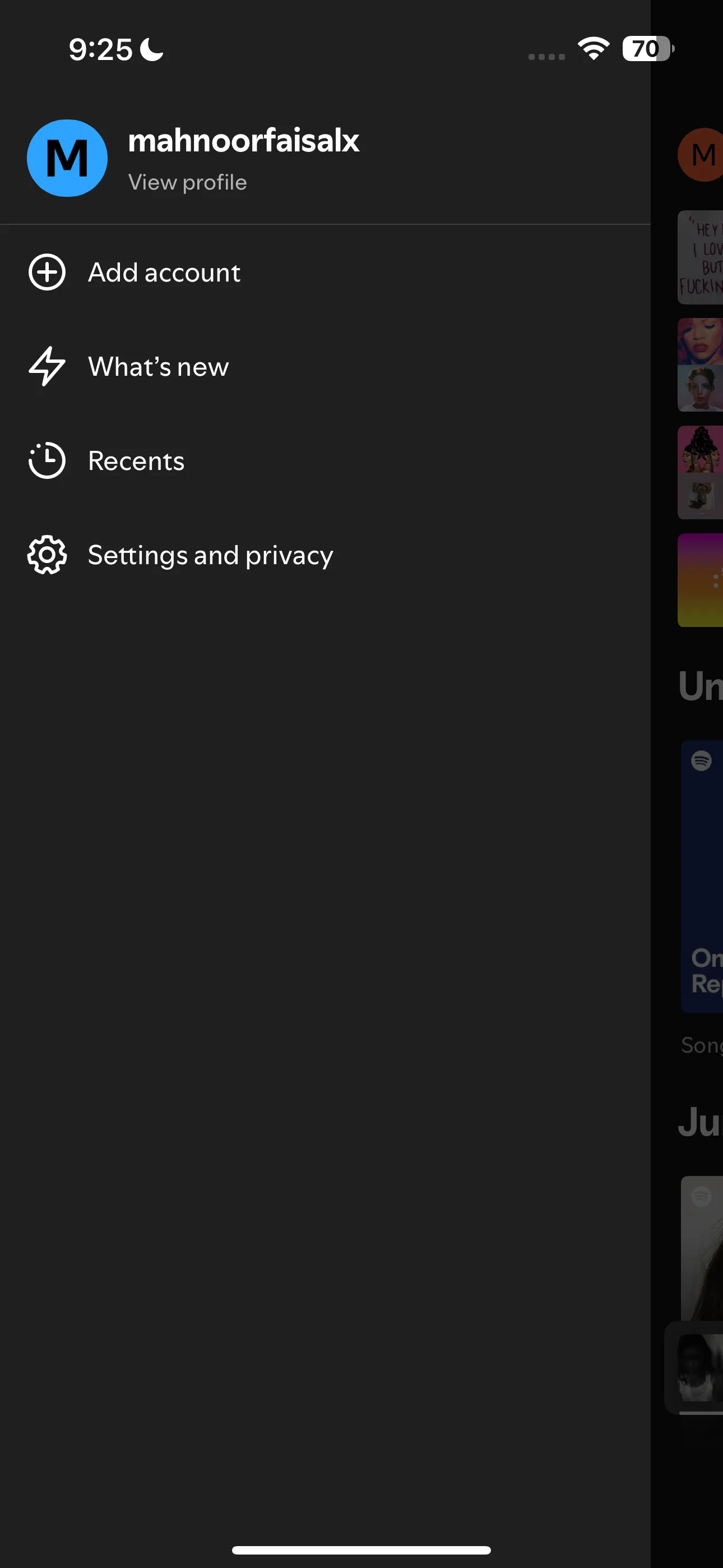 Màn hình cài đặt Spotify hiển thị tùy chọn "Cài đặt và quyền riêng tư"