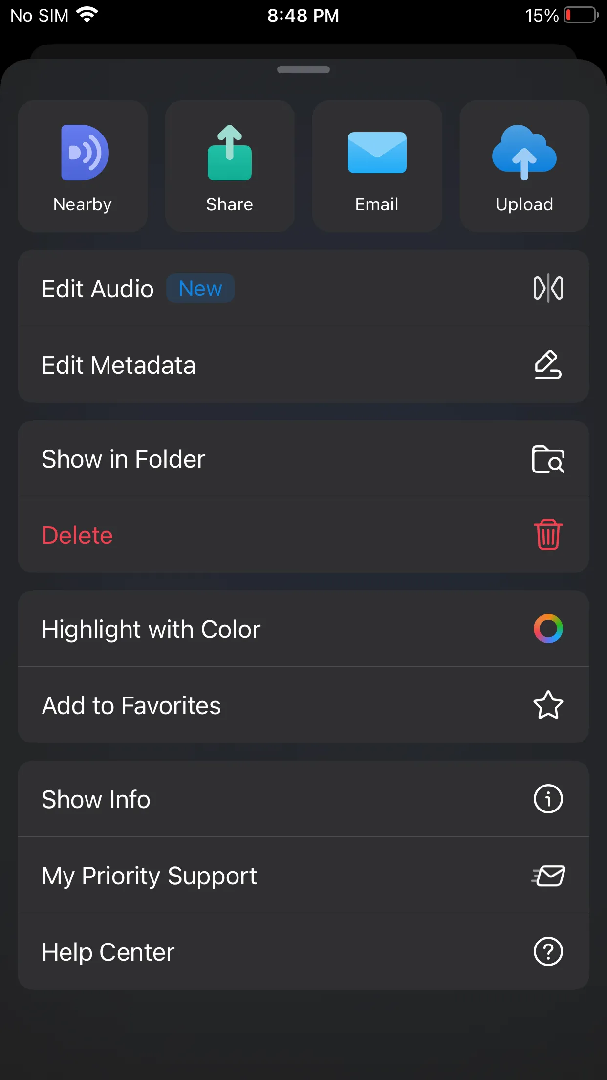 Màn hình cài đặt trình phát âm thanh trong Documents trên iPhone