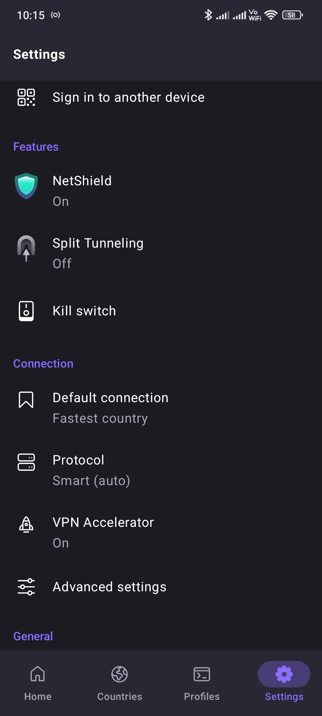 Màn hình cài đặt ứng dụng Proton VPN, hiển thị các tùy chọn bảo mật và kết nối