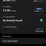 Màn hình Chăm sóc thiết bị trong giao diện Samsung One UI, nơi người dùng có thể truy cập các tùy chọn tối ưu hóa và khởi động lại tự động để duy trì hiệu năng điện thoại.