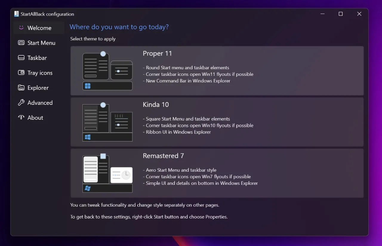 Màn hình chào mừng và tùy chọn cài đặt của ứng dụng Startallback trên Windows 11