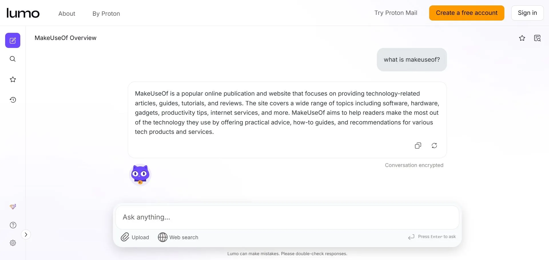 Màn hình chatbot Lumo AI của Proton, nhấn mạnh các tính năng bảo mật và quyền riêng tư được tích hợp.