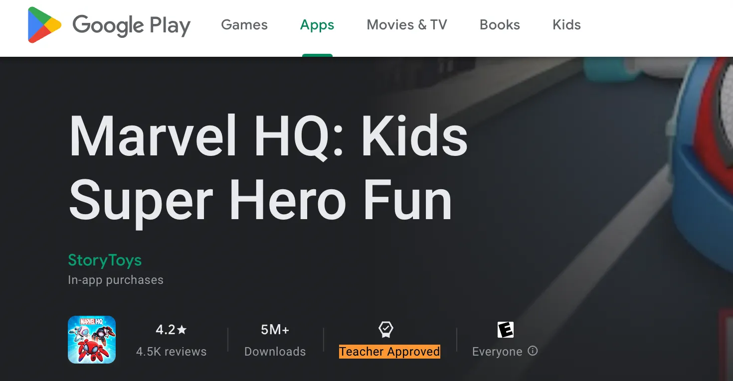 Màn hình chi tiết ứng dụng Marvel HQ trên Google Play Store với biểu tượng &quot;Teacher Approved&quot; dành cho trẻ em
