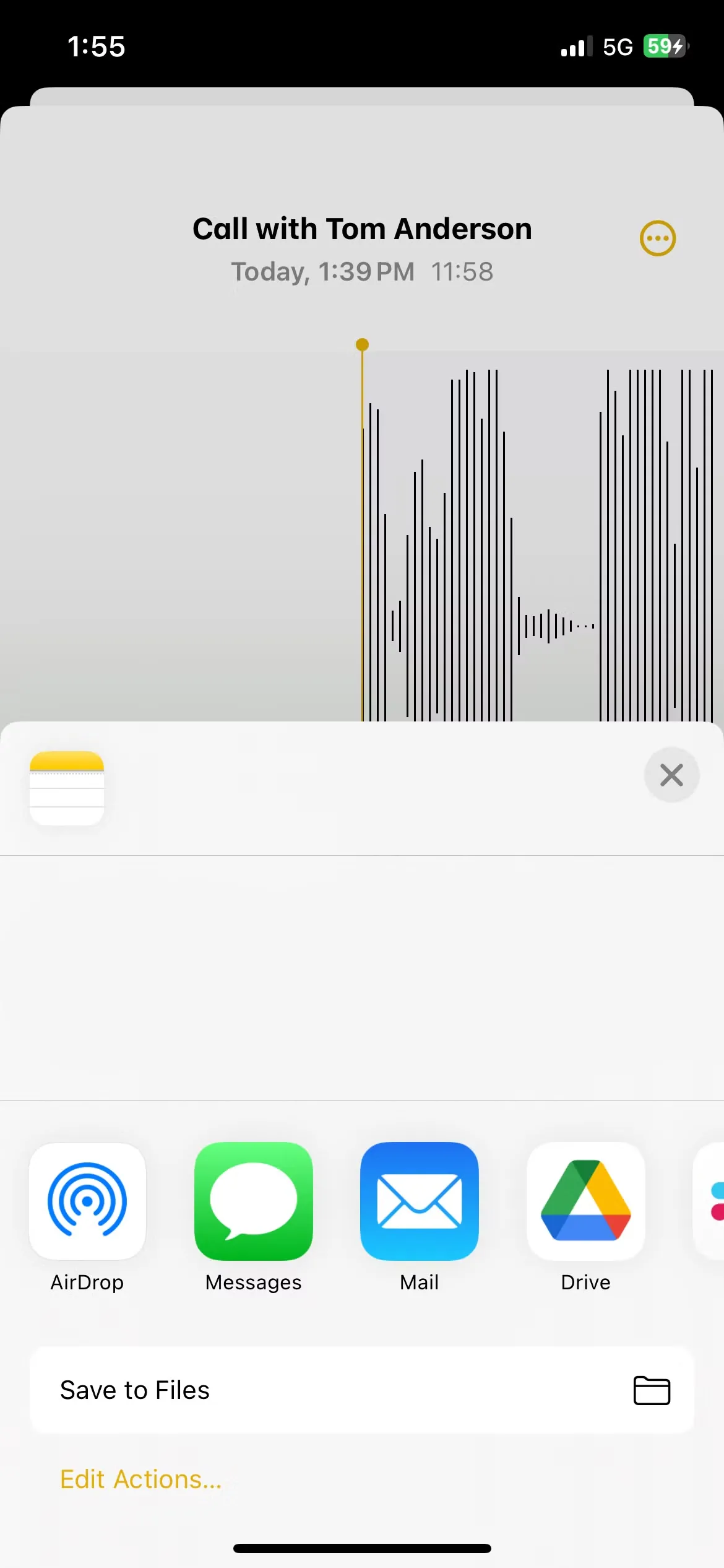 Màn hình chia sẻ ghi âm cuộc gọi trên iPhone iOS 18 chỉ hiện biểu tượng Ghi chú chung chung thay vì file âm thanh