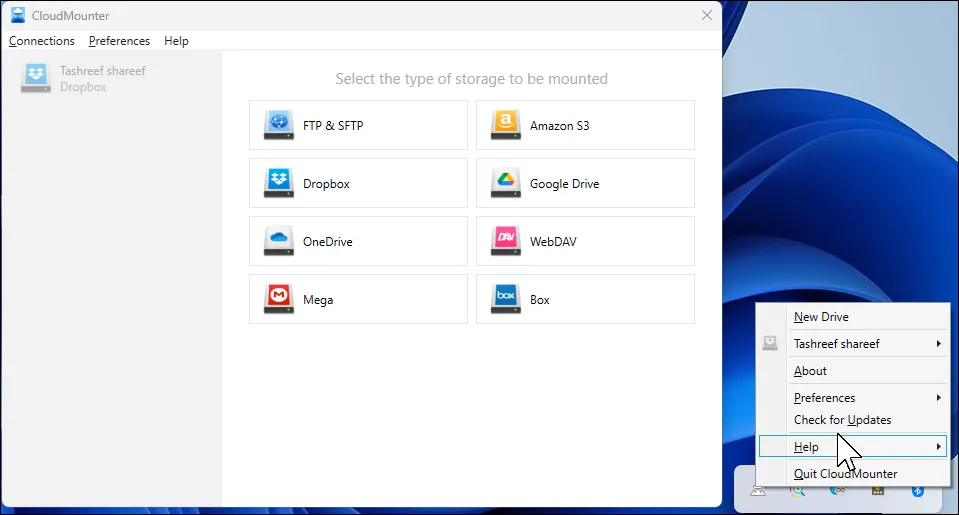 Màn hình chính CloudMounter hiển thị các tùy chọn kết nối đám mây trên Windows 11