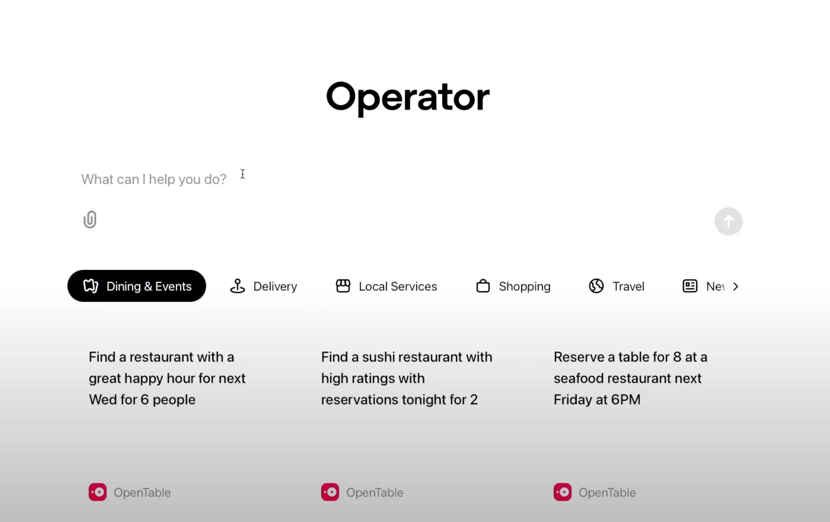 Màn hình chính của ChatGPT Operator, một ví dụ về giao diện người dùng của AI Agent