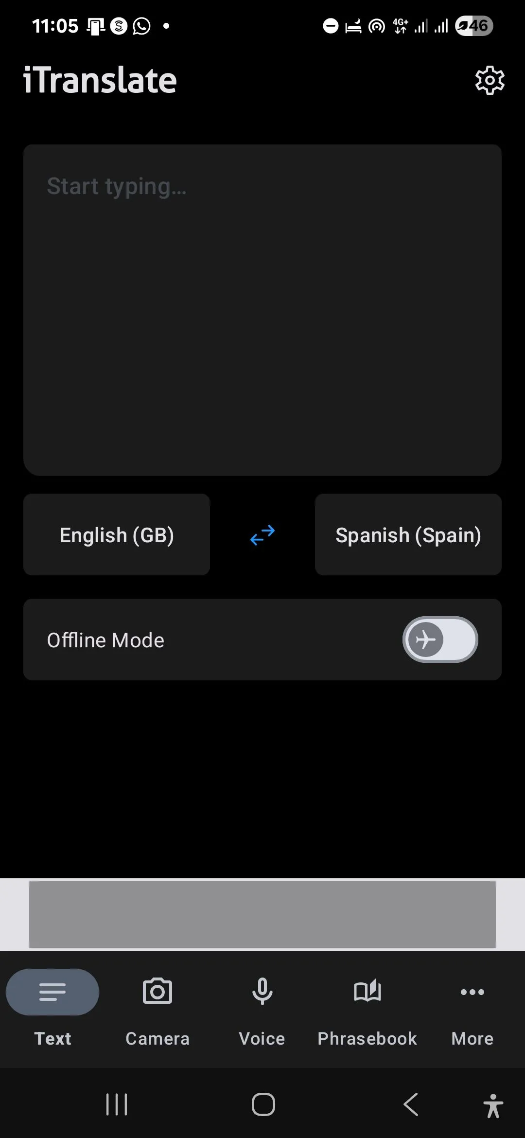 Màn hình chính của iTranslate với tùy chọn &quot;Chế độ ngoại tuyến&quot; (Offline Mode), cho phép dịch không cần internet.