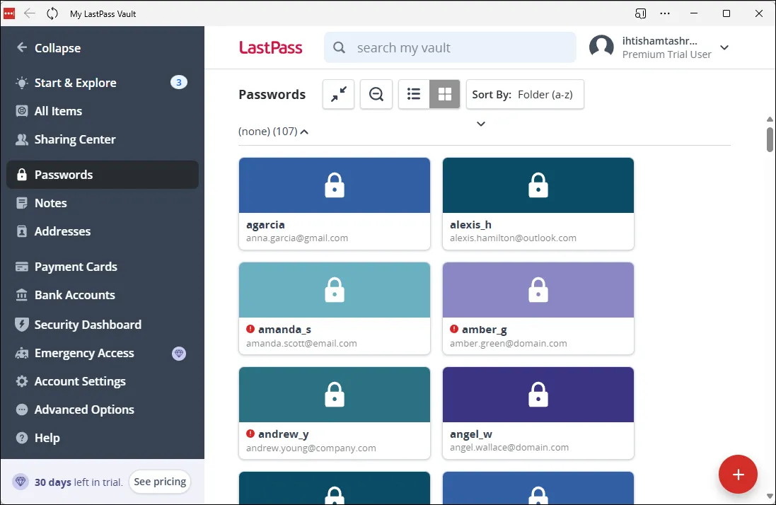 Màn hình chính của LastPass, một trình quản lý mật khẩu chuyên dụng với nhiều tính năng bảo mật nâng cao.