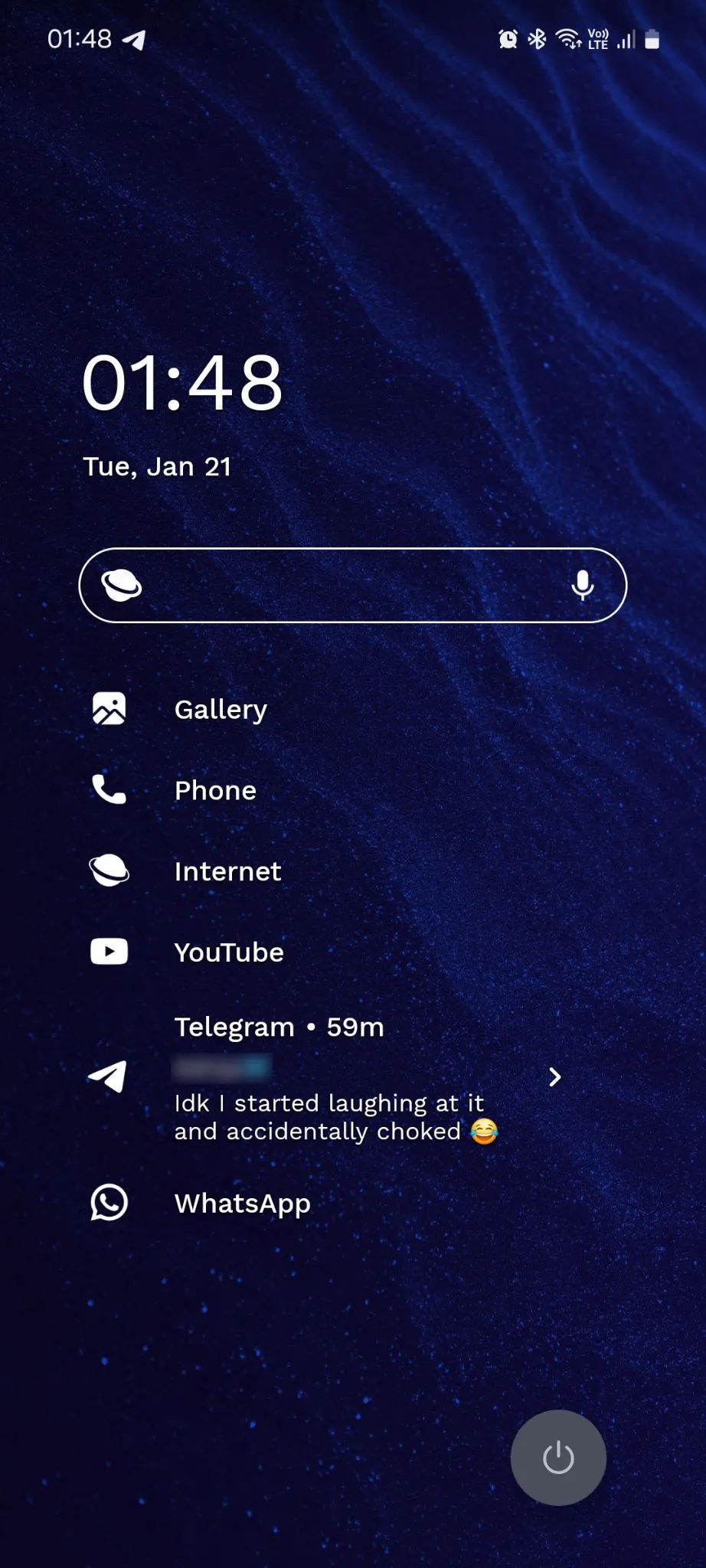 Màn hình chính của Niagara Launcher hiển thị nội dung thông báo và tùy chọn trả lời tin nhắn Telegram trực tiếp.