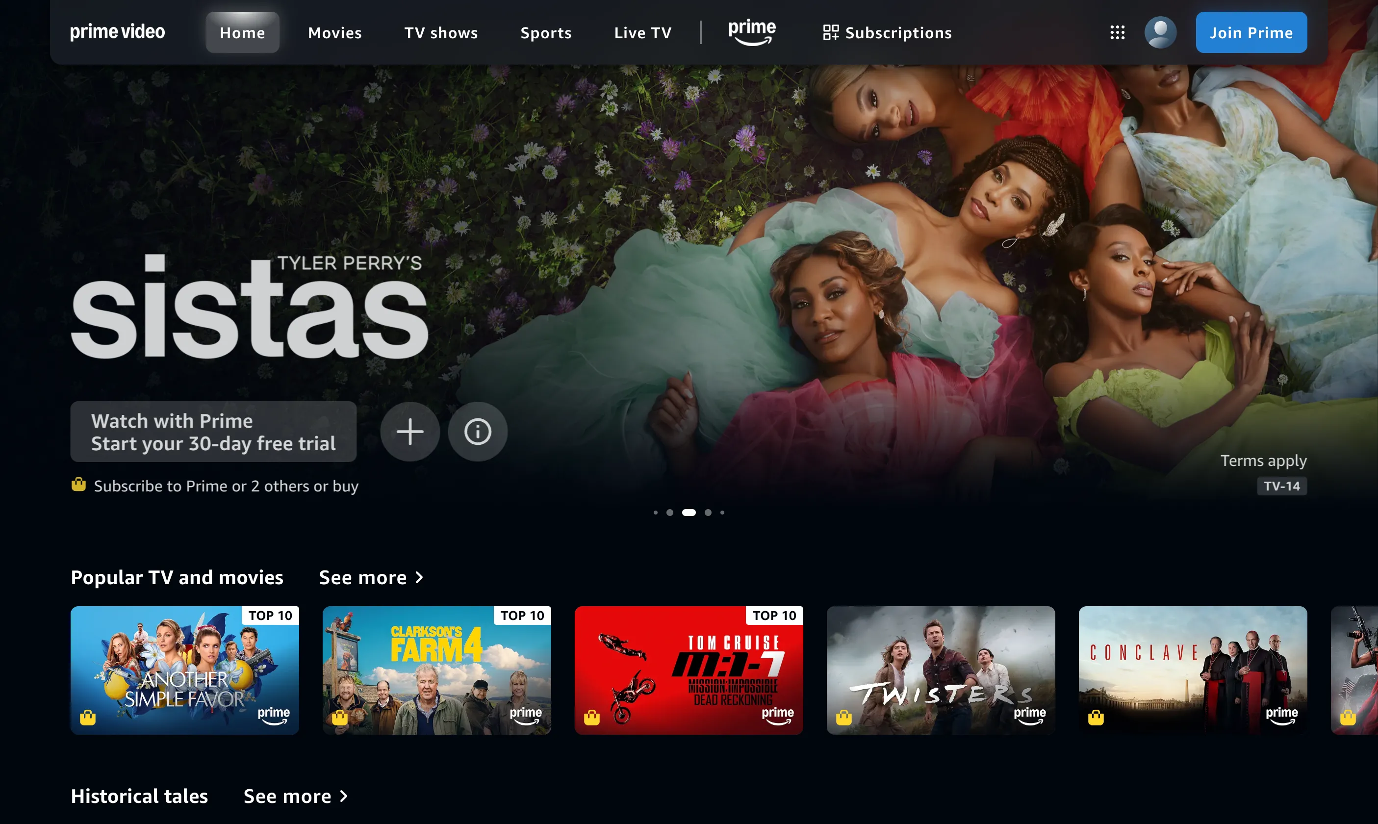 Màn hình chính dịch vụ streaming Amazon Prime Video với thư viện phim và TV show đa dạng