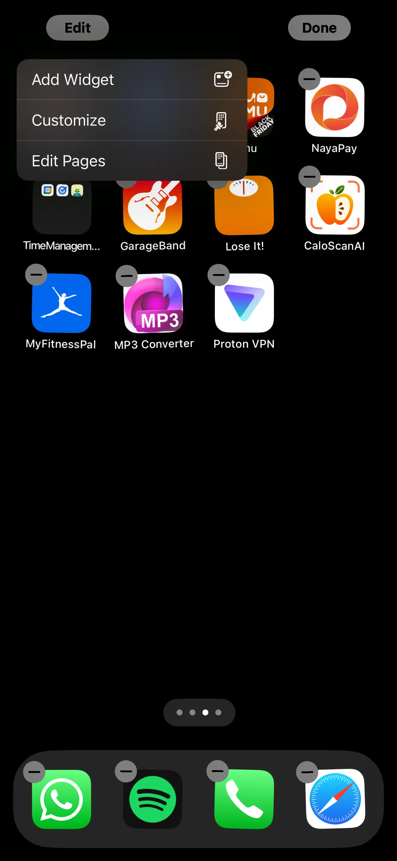 Màn hình chính iPhone ở chế độ chỉnh sửa, sẵn sàng thêm widget