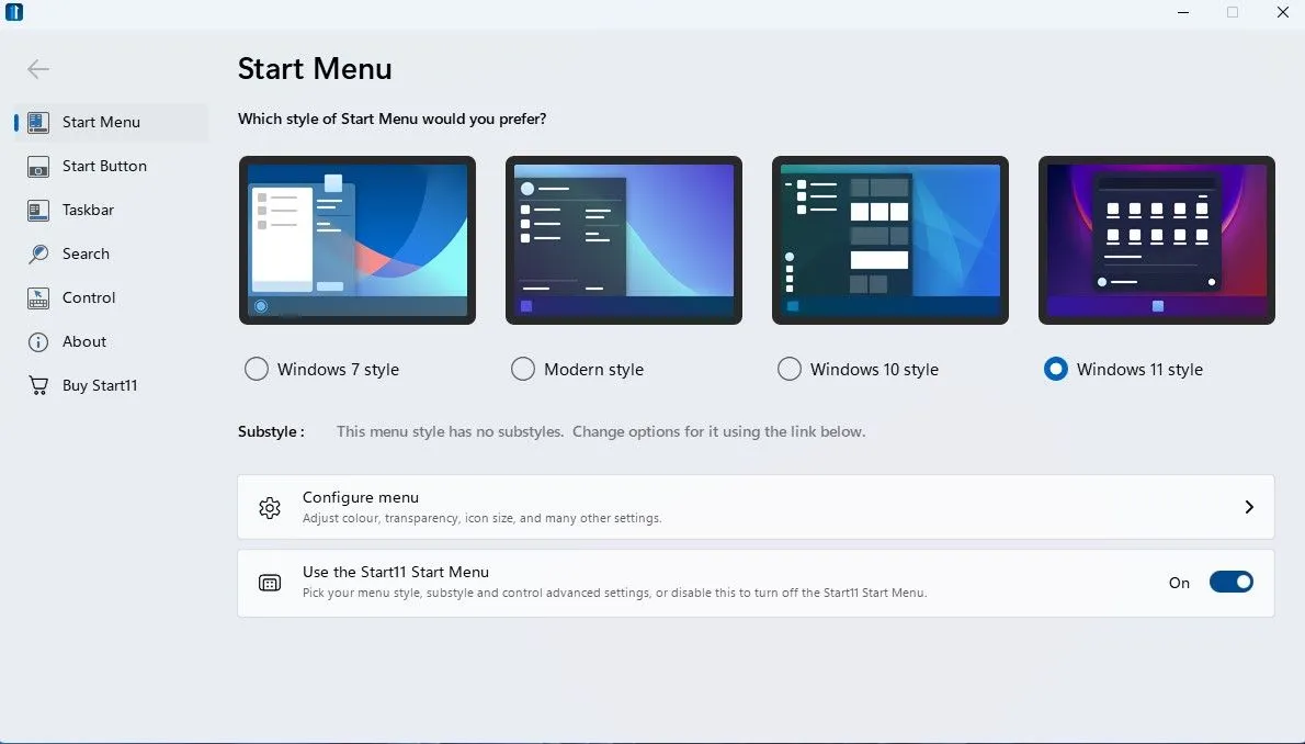 Màn hình chính Start11 hiển thị menu Start tùy chỉnh trên Windows 11, tối ưu hóa tốc độ tìm kiếm và truy cập ứng dụng.