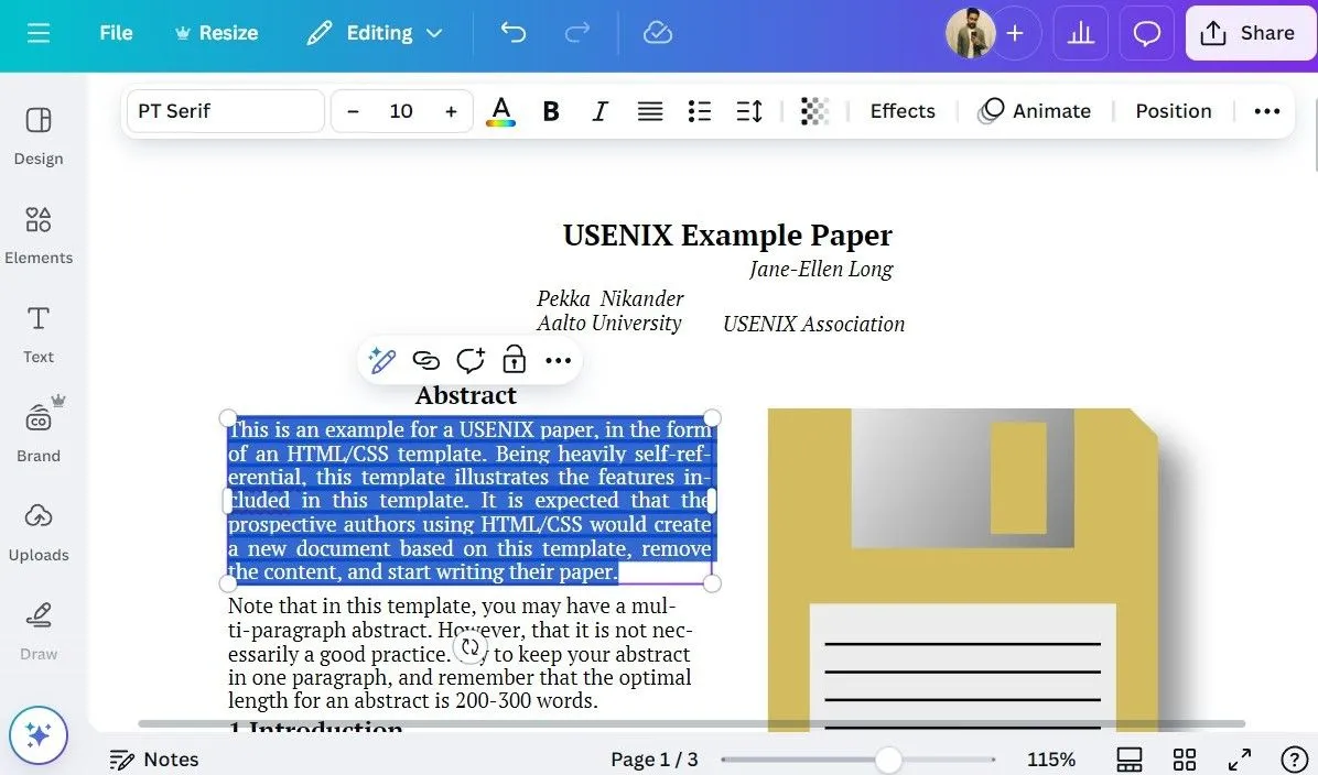 Màn hình chỉnh sửa file PDF trực tiếp trên ứng dụng Canva, hiển thị các công cụ chỉnh sửa văn bản và hình ảnh