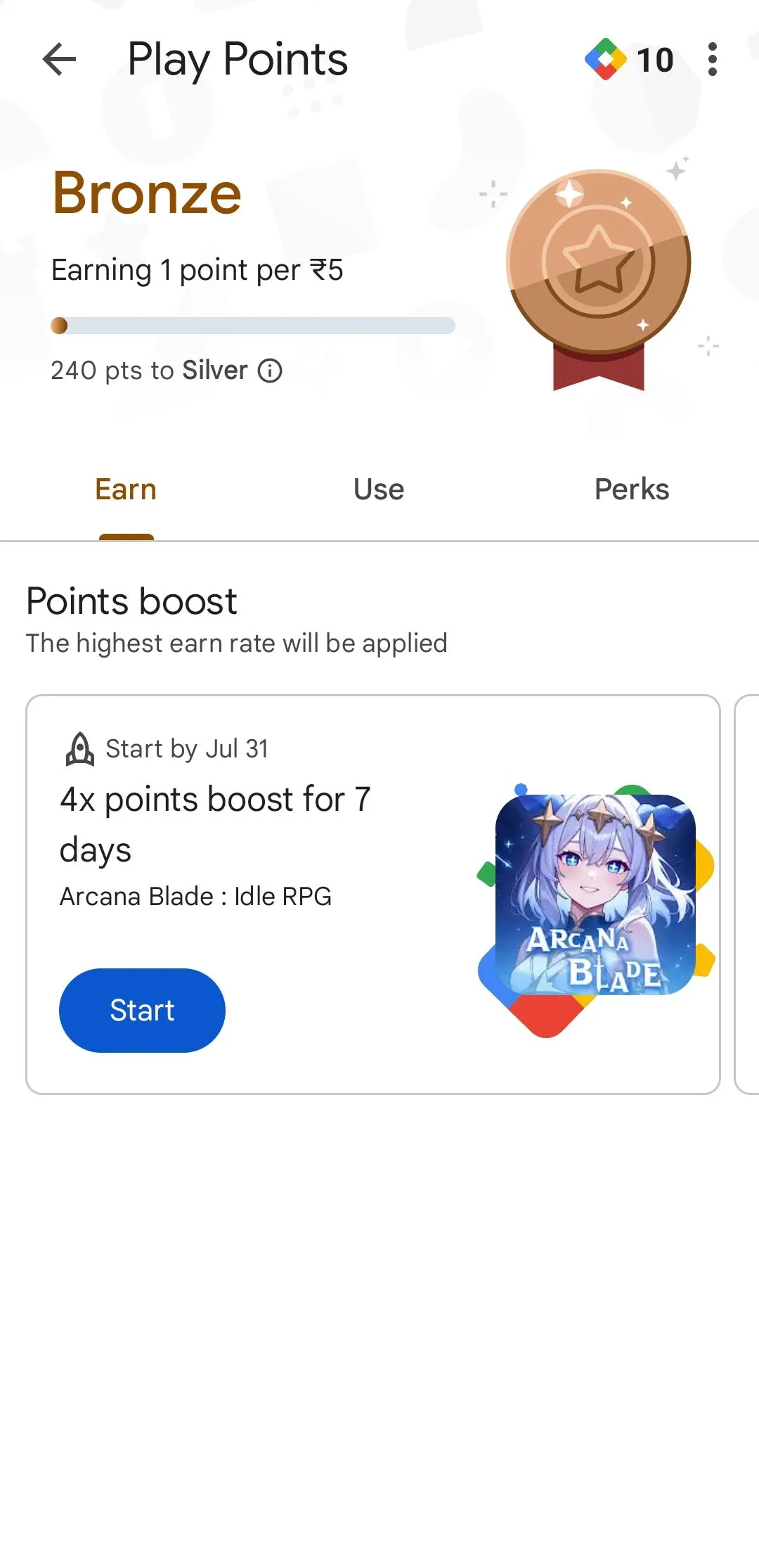 Màn hình chương trình Google Play Points trong Play Store, hiển thị các mức thưởng và cách kiếm điểm.