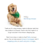 Màn hình chuyển hướng của Amazon thông báo tính năng Inspire không còn khả dụng, có hình chú chó Milly thân thiện.