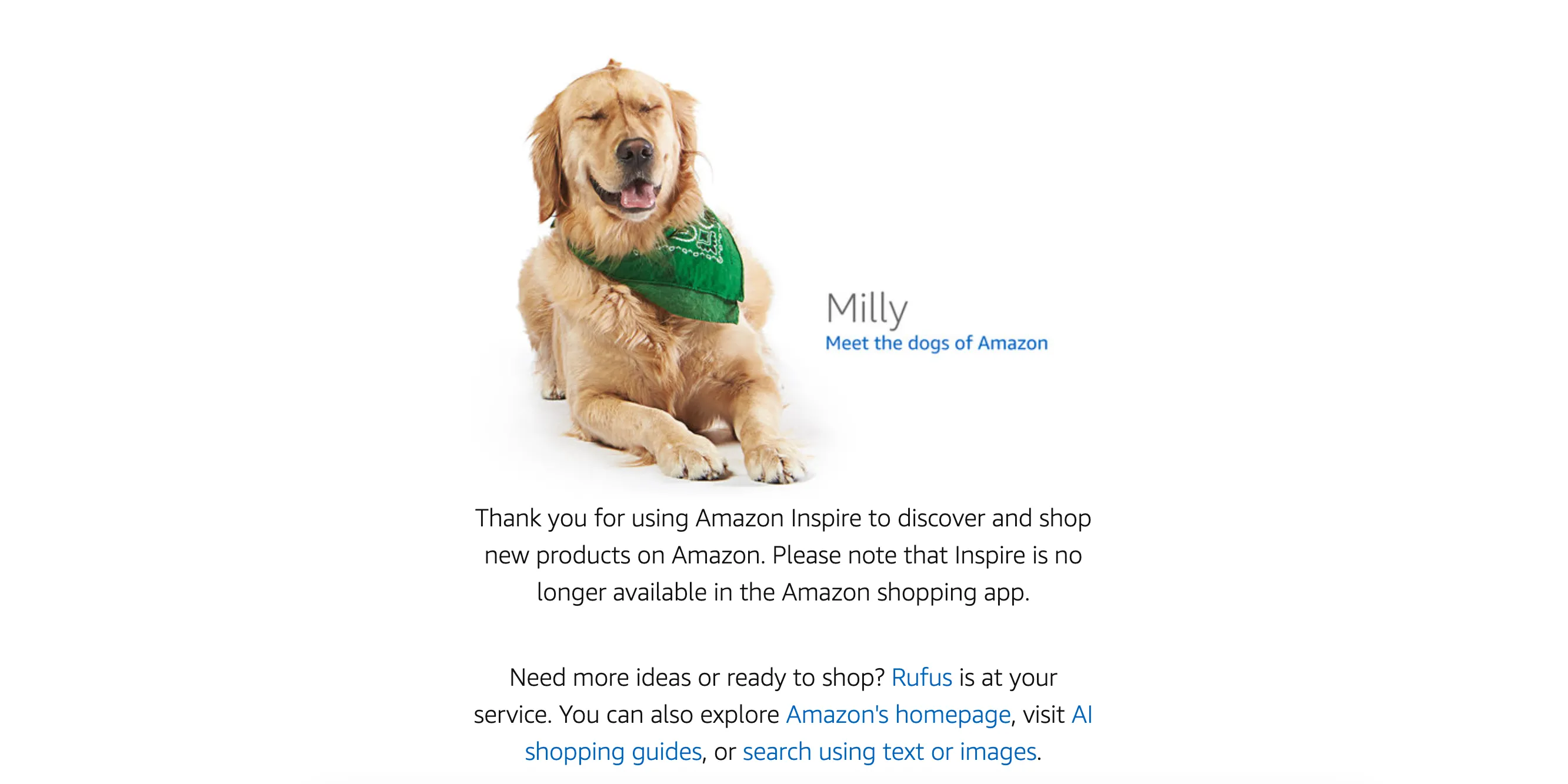 Màn hình chuyển hướng của Amazon thông báo tính năng Inspire không còn khả dụng, có hình chú chó Milly thân thiện.