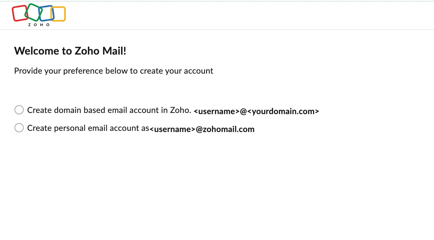 Màn hình đăng ký tài khoản Zoho Mail, nhấn mạnh tùy chọn email tên miền tùy chỉnh cho doanh nghiệp nhỏ.