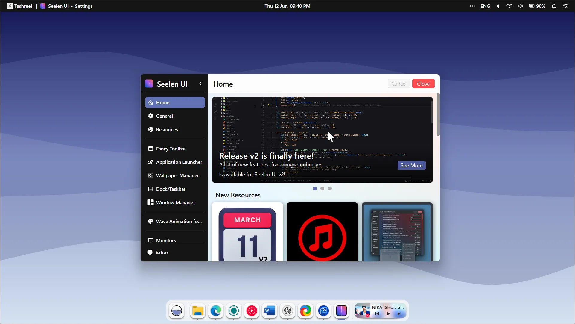 Màn hình desktop Windows hiển thị giao diện Seelen UI với thanh dock kiểu macOS và menu bar trên cùng.