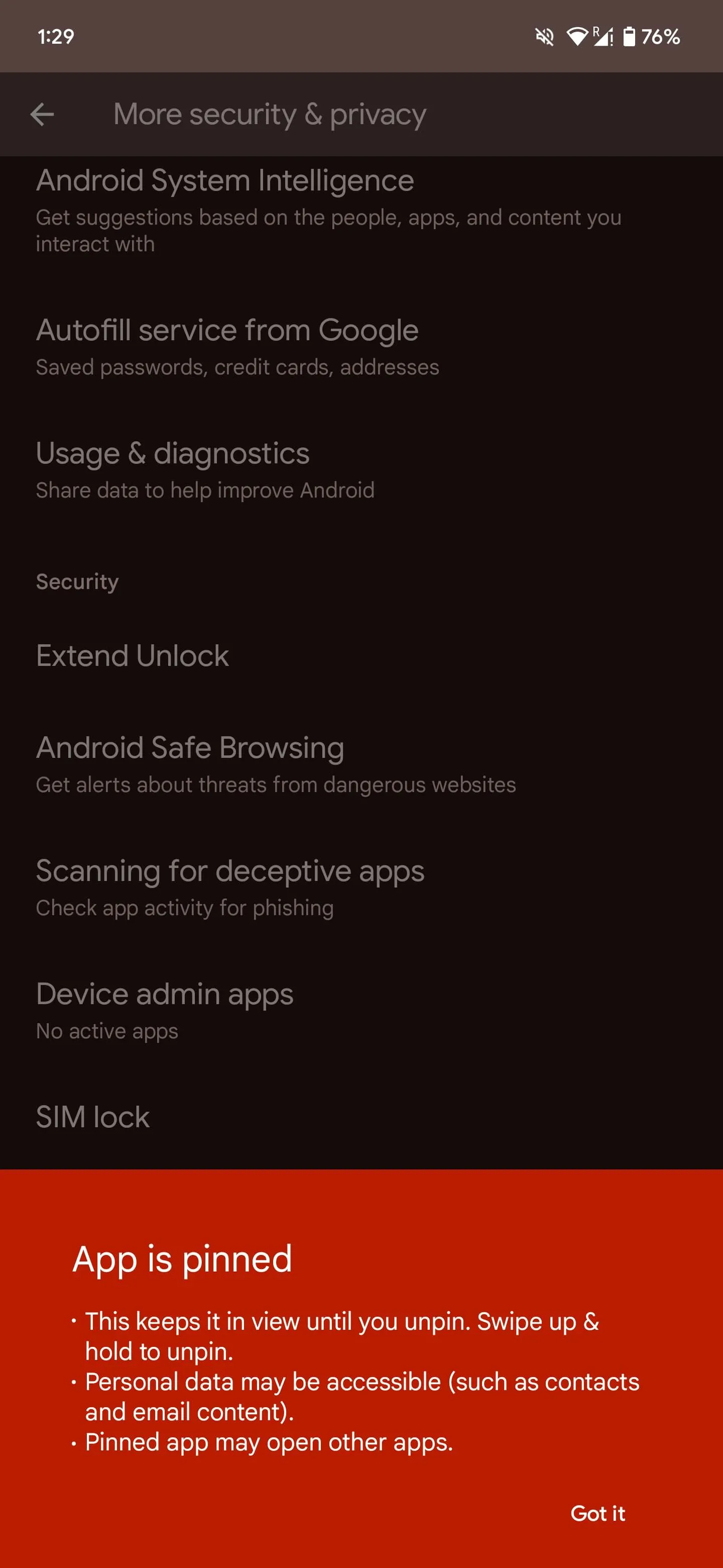 Màn hình điện thoại Android đang hiển thị một ứng dụng đã được ghim, giúp bảo mật và tập trung.