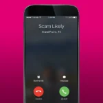 Màn hình điện thoại hiển thị cảnh báo "Scam Likely" từ T-Mobile, minh họa cuộc gọi lừa đảo