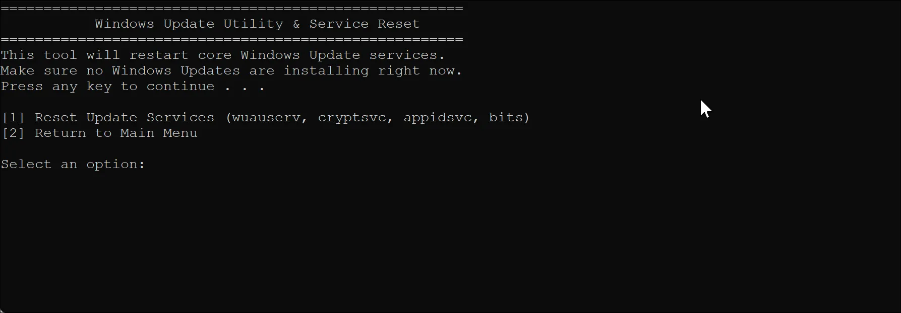 Màn hình dòng lệnh hiển thị quá trình chạy tiện ích Windows Update Utility &amp; Service Reset trong Windows Maintenance Tool.
