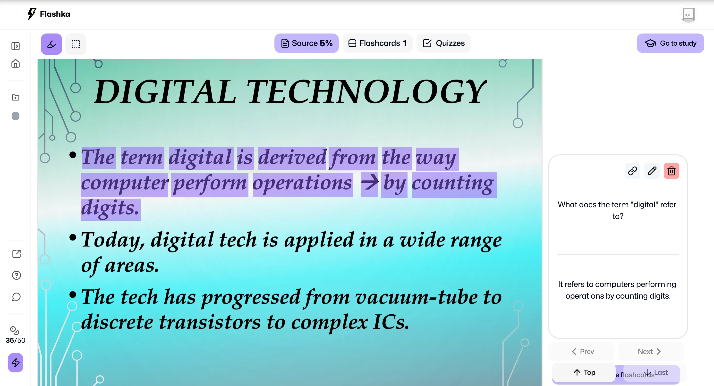 Màn hình FlashKa hiển thị chế độ tạo flashcard từ tài liệu PDF 'Digital Technology slides' với tùy chọn chọn trang.