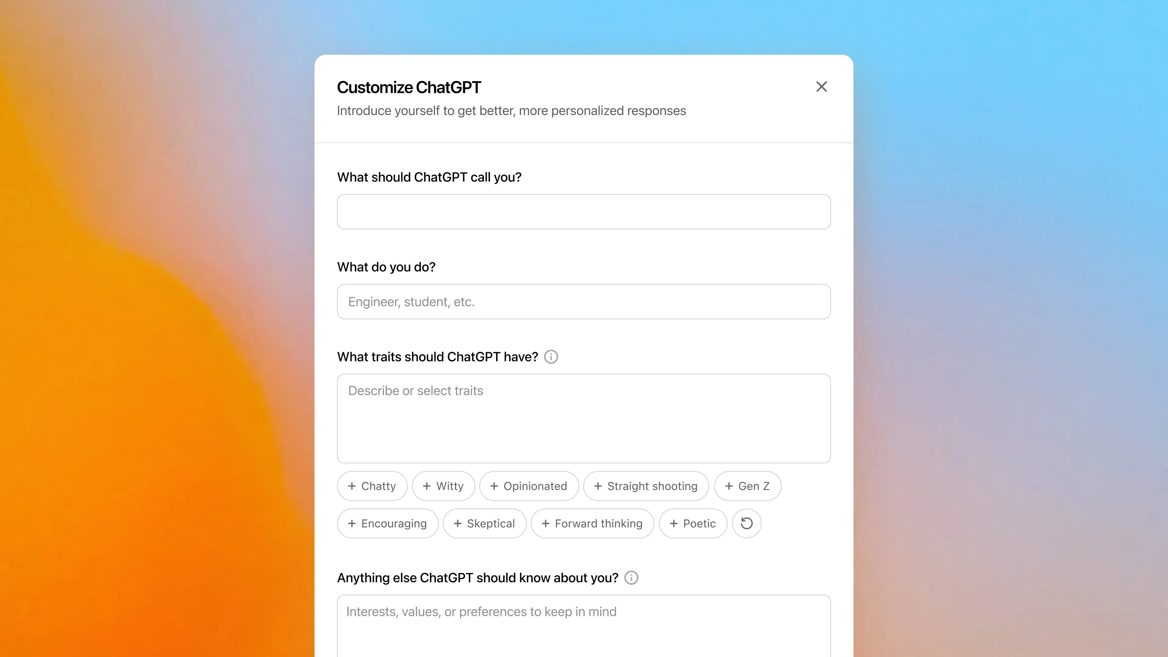 Màn hình giao diện Custom Instructions mới của ChatGPT trên web, hiển thị các tùy chọn cá nhân hóa chatbot như tính cách và thông tin người dùng.
