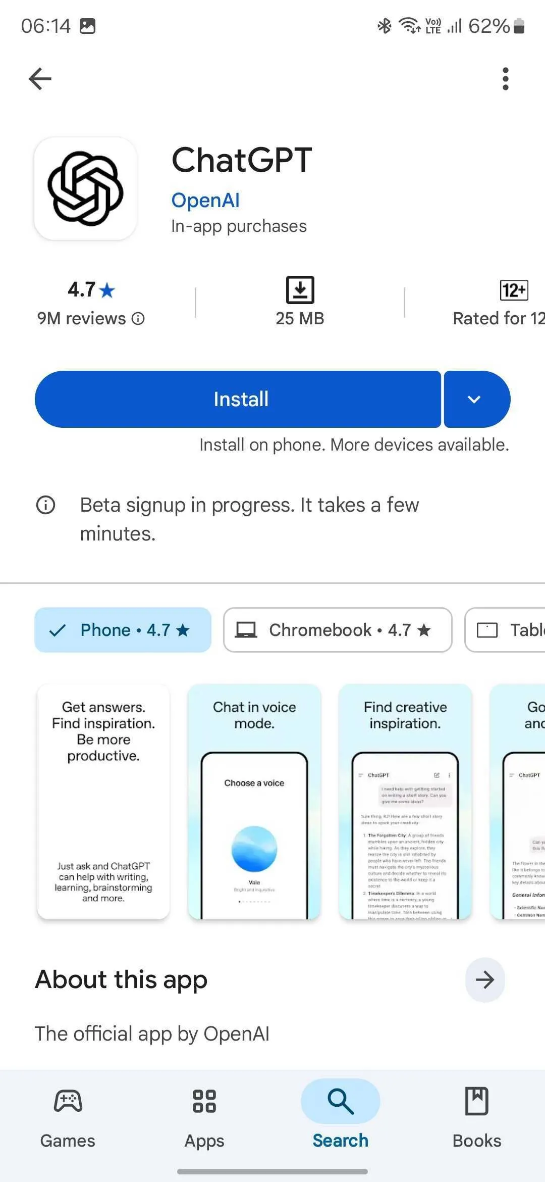 Màn hình Google Play Store hiển thị nút &quot;Cài đặt&quot; cho ứng dụng ChatGPT beta