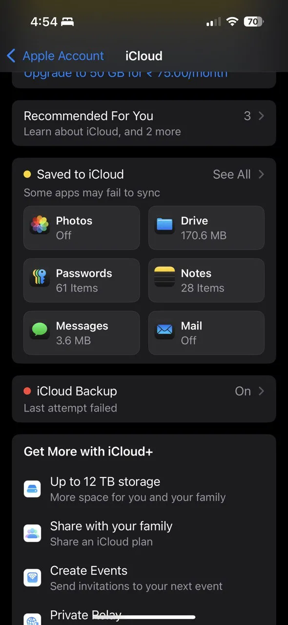 Màn hình hiển thị dữ liệu ứng dụng được lưu trữ trong iCloud, cho phép người dùng xem và quản lý dung lượng.