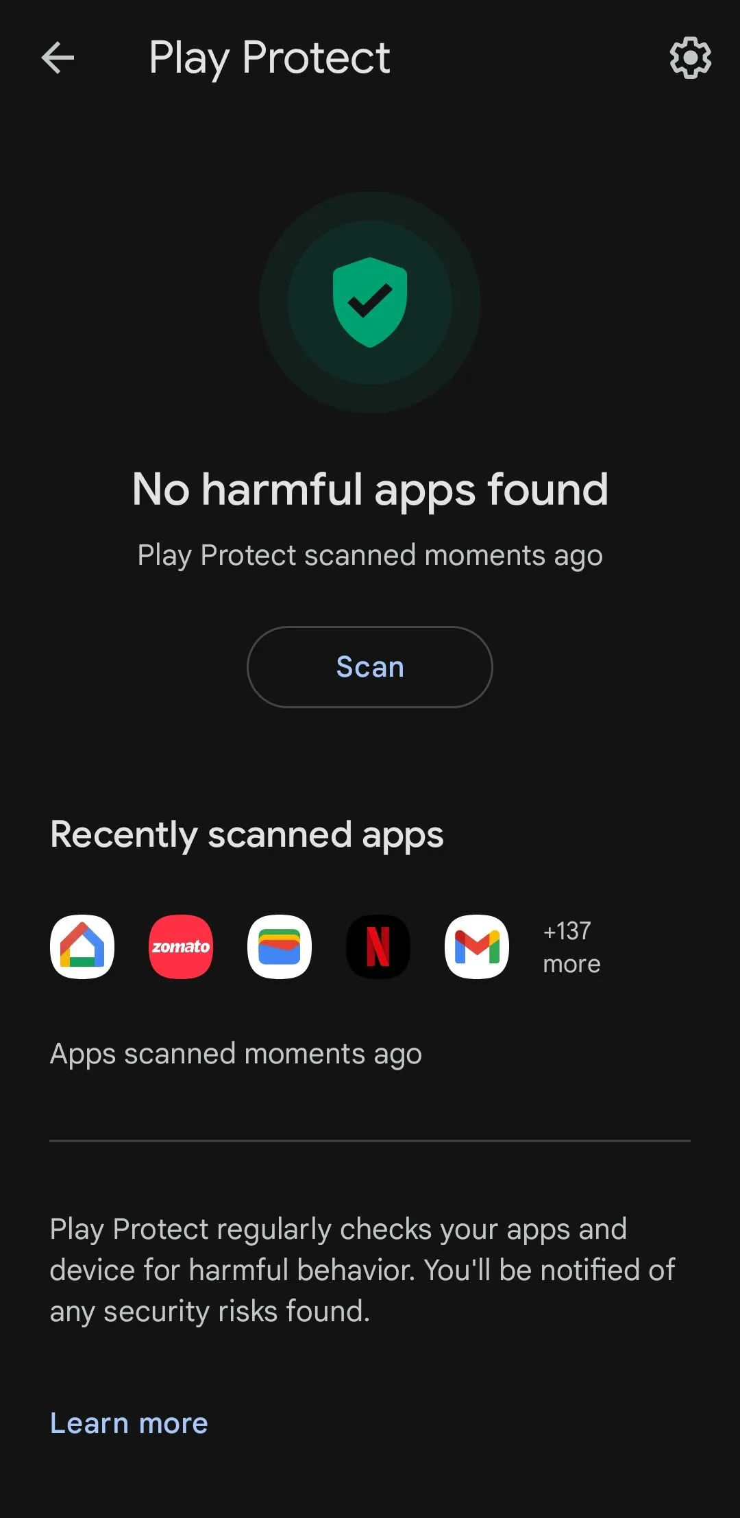Màn hình hiển thị kết quả quét của Google Play Protect trên Android