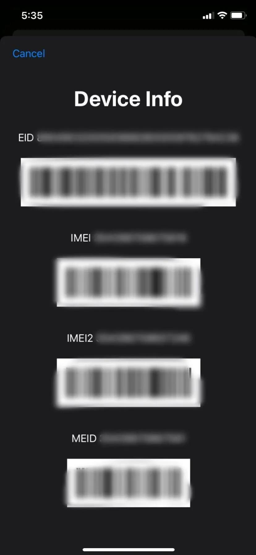 Màn hình hiển thị số IMEI trên iPhone