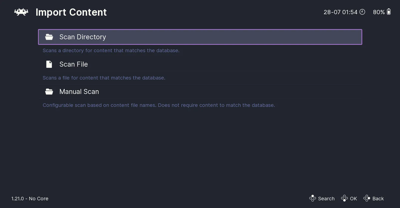 Màn hình Import Content của RetroArch, hiển thị các tùy chọn để quét thư mục game (Scan Directory), quét thủ công hoặc thêm tệp riêng lẻ vào thư viện giả lập.