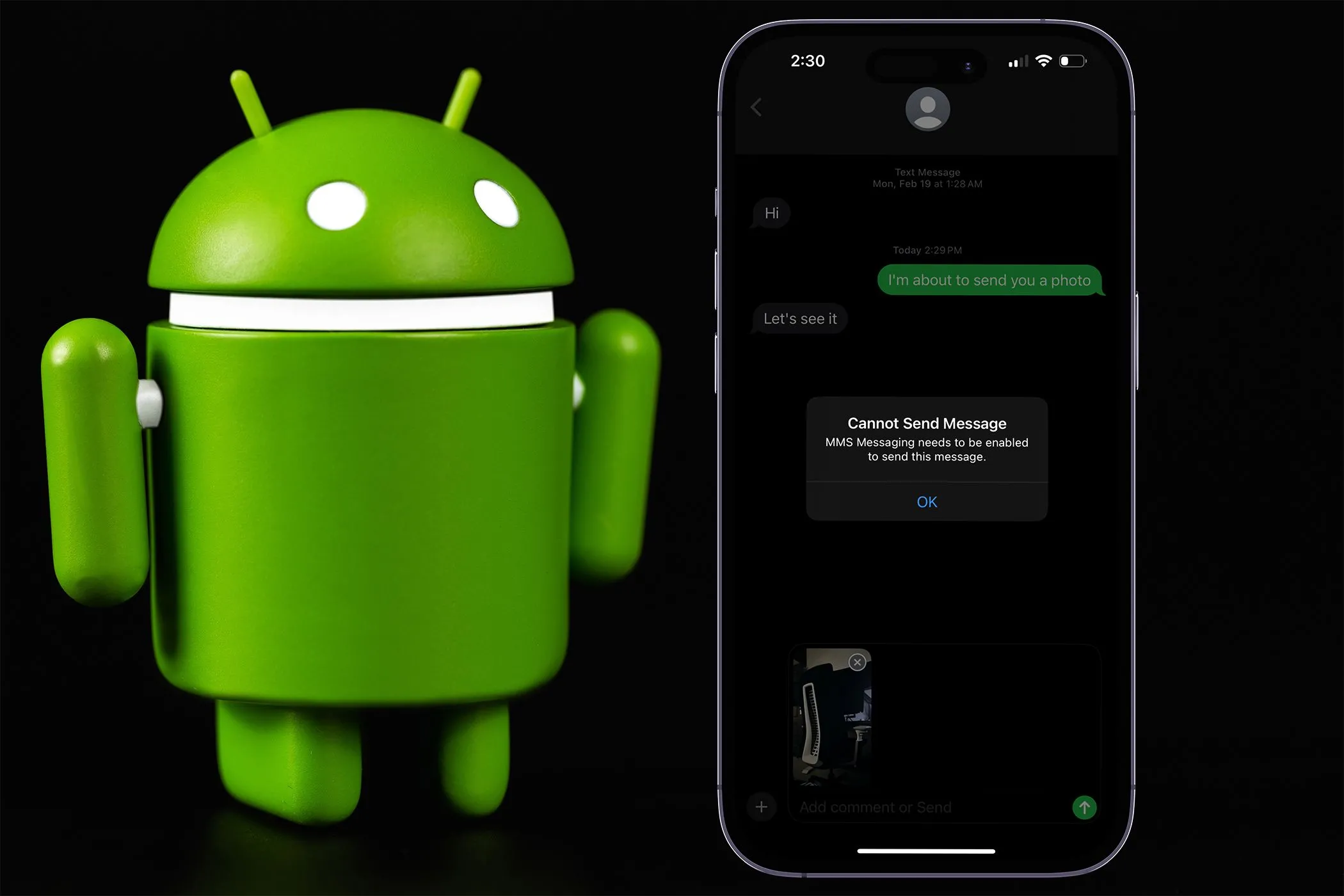 Màn hình iPhone báo lỗi gửi tin nhắn với biểu tượng Android, minh họa khó khăn khi chuyển đổi dữ liệu iMessage.