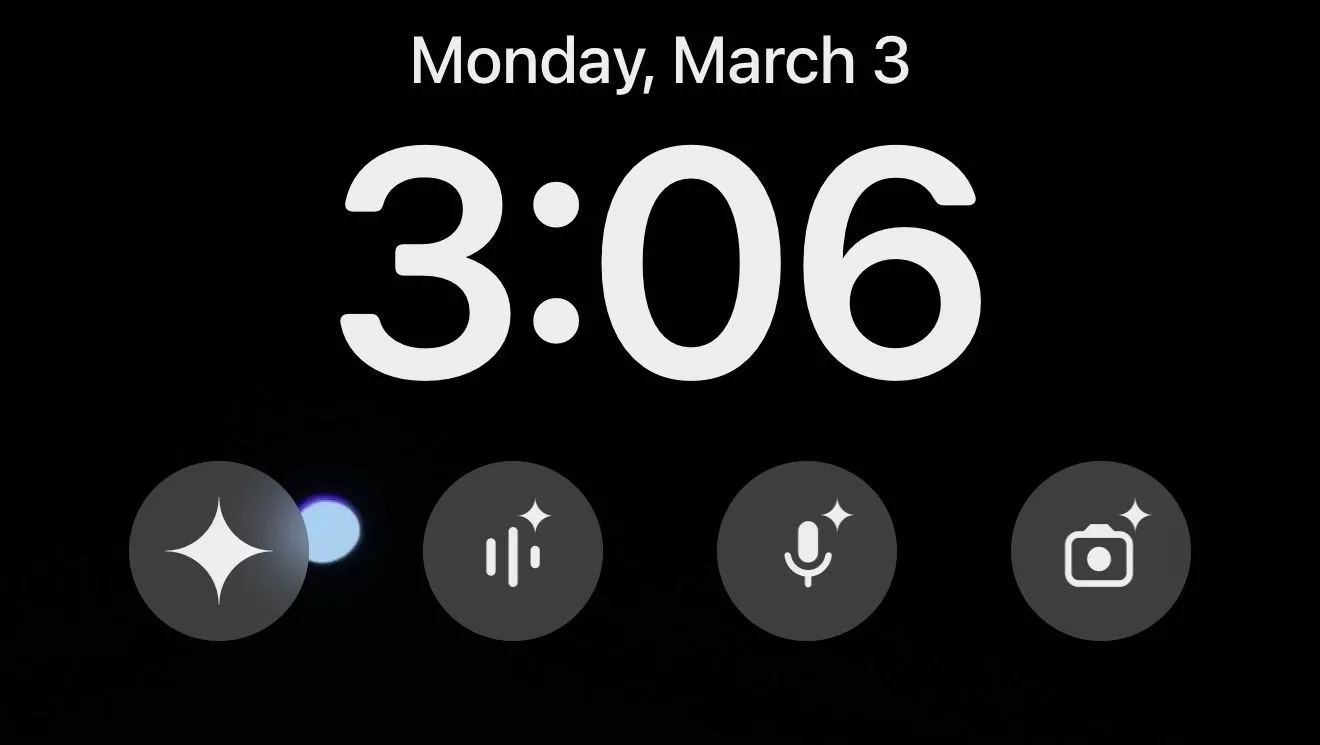 Màn hình khóa iPhone hiển thị các widget truy cập nhanh Google Gemini, bao gồm gõ lệnh, nói chuyện, mở mic, và sử dụng camera.